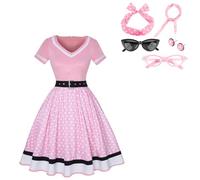 Maxtoonrain Donne 50 Abito Elegante per Adulti, UK, a Pois, con Accessori, Sciarpa, Cerchietti, Orecchini, Occhiali, per Cocktail Vintage, Festa, Matrimonio, Halloween, Rosa e bianco., L