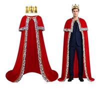 maxToonrain Set di costume da re per adulto, da uomo, con mantello in velluto da principe ereditario, corona e scettro, per la Giornata mondiale del libro, Halloween (rosso, 150 cm)