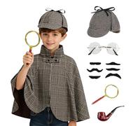maxToonrain Set di costumi da detective, costume per Halloween, mantello vittoriano, mantello, cappello da cacciatore di cervi, lente d'ingrandimento, barba finta, per ragazzi/ragazze (caffè scuro, 6