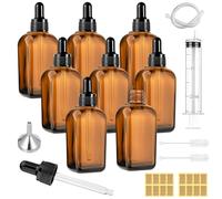Maxumille 8 Pezzi Ambrato Bottiglie Contagocce Vetro 50ml, Flaconi Contagocce in Vetro con Pipetta, Imbuti e Siringa, Bottigliette Ricaricabili per Olio Essenziale, Laboratorio, Aromaterapia
