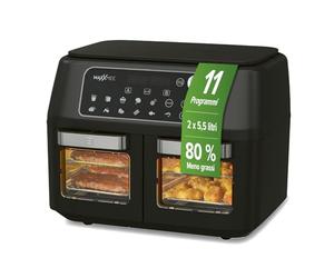 MAXXMEE Friggitrice ad aria calda a doppia camera, 11 litri, intelligente combinazione di forno ad aria calda, grill e friggitrice con 2 vani XXL da 5,5 litri, pannello di controllo digitale e