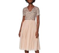 Maya Deluxe Abito da Sera Midi Impreziosito da Donna, Scollo A V con Maniche Corte, per Ballo di Fine Anno, Matrimonio Vestito per Damigella d’Onore, Tortora Blush, 38