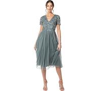 Maya Deluxe Abito da Sera Midi Impreziosito per Le Donne Scollo a V delle Signore con Manica Corta per Il Matrimonio di Promenade Vestito per Damigella d’Onore, Verde Nebbia, 44 Donna