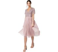 Maya Deluxe Abito da Sera Midi Impreziosito da Donna, Scollo a V con Maniche Corte, per Ballo di fine Anno, Matrimonio Vestito per Damigella d?Onore, Rosa Satinato, 50