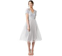 Maya Deluxe Abito da Sera Midi Impreziosito da Donna, Scollo A V con Maniche Corte, per Ballo di Fine Anno, Matrimonio Vestito per Damigella d’Onore, Grigio Chiaro, 46