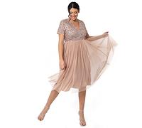 Maya Deluxe Abito da Sera Midi Impreziosito da Donna, Scollo A V con Maniche Corte, per Ballo di Fine Anno, Matrimonio Vestito per Damigella d’Onore, Tortora Blush, 38