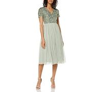 Maya Deluxe Abito da Sera Midi Impreziosito da Donna, Scollo A V con Maniche Corte, per Ballo di Fine Anno, Matrimonio Vestito per Damigella d’Onore, Giglio Verde, 42