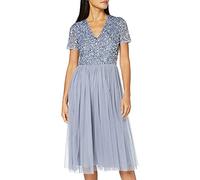 Maya Deluxe Abito da Sera Midi Impreziosito per Donne con Scollo a V con Maniche Corte per Ballo di fine Anno e Matrimonio Vestito per Damigella d’Onore, Blu Polvere, 52 Donna