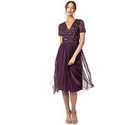 Maya Deluxe Abito da Sera Midi Impreziosito per Le Donne Scollo a V delle Signore con Manica Corta per Il Matrimonio di Promenade Vestito per Damigella d’Onore, Bacca, 40 Donna