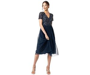 Maya Deluxe Abito da Sera Midi Impreziosito per Le Donne Scollo a V delle Signore con Manica Corta per Il Matrimonio di Promenade Vestito per Damigella d’Onore, Marina Militare, 50 Donna