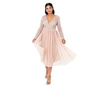 Maya Deluxe Abito Longuette da Donna a Maniche Lunghe Scollo a V e Paillettes Vestito per Damigella d?Onore, Tortora Blush, 34 EU