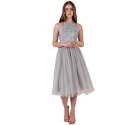 Maya Deluxe Abito Midi da Donna con Scollo all'Americana in Tulle per Sera, Laurea, Ballo di Fine Anno, Matrimonio Vestito per Damigella d’Onore, Grigio Chiaro, 34