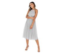 Maya Deluxe Abito Midi da Donna con Scollo all'Americana in Tulle per Sera, Laurea, Ballo di Fine Anno, Matrimonio Vestito per Damigella d’Onore, Grigio Chiaro, 52