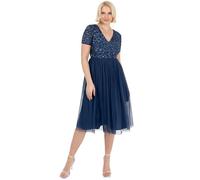 Maya Deluxe Embellished Midi Evening Dress for Women Ladies V Neckline with Short Sleeve for Prom Wedding, Vestito per Damigella d’Onore Donna, French Navy,