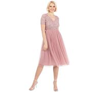 Maya Deluxe Embellished Midi Evening Dress for Women Ladies V Neckline with Short Sleeve for Prom Wedding, Vestito per Damigella d’Onore Donna, Vintage Rose,