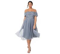 Maya Deluxe Ladies Bardot Dresses Women Midi High Empire Waist Sequins Embellished Formal Evening for Wedding Guest Vestito per Damigella d’Onore, Blu Polvere, 50 Donna