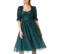 Maya Deluxe Ladies Dress Women Midi Sequin Embellished Frilly Sweetheart Neckline Puffed Sleeves for Wedding Guest Prom Evening Vestito, Emerald Green, 22 Donna