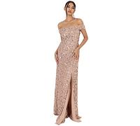 Maya Deluxe Ladies Maxi Dress with Slit Split Bardot Sleevless Sequin Embellishment Evening Gown for Wedding Guest Bridesmaid Prom Vestiti, Taupe Blush, 48 da Donna