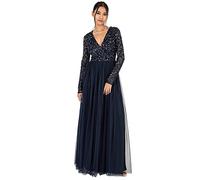 Maya Deluxe Ladies Maxi Dress Women with Long Sleeves V Neckline Plunging Sequin Embellished for Wedding Guest Bridesmaid Prom Vestito, Navy, 48 Donna