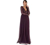 Maya Deluxe Ladies Maxi Dress Women with Long Sleeves V Neckline Plunging Sequin Embellished for Wedding Guest Bridesmaid Prom Vestito, Berry, 46 Donna