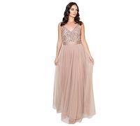 Maya Deluxe Ladies Womens Maxi Dress Long Length Wedding Guest Bridesmaid Prom Summer Evening Gown V Neck Straps Bow Tie Vestito per Il Ballo di fine Anno, Tortora Blush, 54 Donna