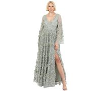 Maya Deluxe Ladies Womens Maxi Dress V Neckline Sequin with Ruffle Empire Waist Slit Split for Prom Ball Bridesmaid Wedding Guest Vestito, Green Lily, 48 Donna
