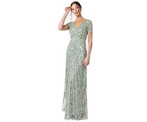 Maya Deluxe Maxi Abito da Donna con Paillettes, a Maniche Lunghe, Scollo a V, Vita Alta Impero e Taglio Lucido Vestito per Damigella d?Onore, Giglio Verde, 40 EU (12 UK)