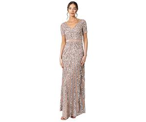 Maya Deluxe Maxi Abito da Donna con Paillettes, a Maniche Lunghe, Scollo a V, Vita Alta Impero e Taglio Lucido Vestito per Damigella d?Onore, Tortora Blush, 38 EU