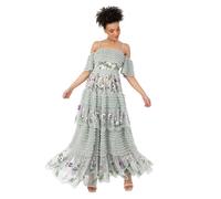 Maya Deluxe Maxi Abito da Donna con Spalle Scoperte Bardot Spalline Sottili Floreale Ricamato Balze Tulle Ospite Matrimonio Vestito, Giglio Verde, 44