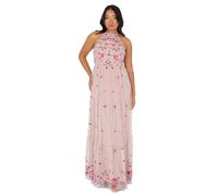 Maya Deluxe Maxi Abito da Donna Senza Maniche, con Allacciatura al Collo, Ricamato, Floreale, Linea A, per Matrimoni, Ospiti, Serate, Balli Vestito, Rosa Satinato, 34