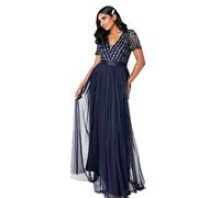 Maya Deluxe Maxi Dress for Women Ladies Bridesmaid V-Neck Ball Gown Short Sleeves Long Elegant Empire Waist Wedding Vestito per Damigella d’Onore, Marina Militare, 42 Donna