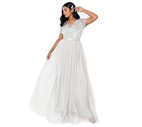Maya Deluxe Maxi Dress for Women Ladies Bridesmaid V-Neck Ball Gown Short Sleeves Long Elegant Empire Waist Wedding Vestito per Damigella d’Onore, Grigio Chiaro, 46 Donna