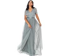Maya Deluxe Maxi Dress for Women Ladies Bridesmaid V-Neck Ball Gown Short Sleeves Long Elegant Empire Waist Wedding Vestito per Damigella d’Onore, Verde Nebbia, 46 Donna