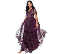 Maya Deluxe Maxi Dress for Women Ladies Bridesmaid V-Neck Ball Gown Short Sleeves Long Elegant Empire Waist Wedding Vestito per Damigella d’Onore, Bacca, 42 Donna