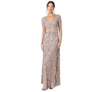 Maya Deluxe Maxi Womens Ladies Embellished Sequin Dress Long Short Sleeve V Neck High Empire Waist a Cut Shiny Prom Wedding Vestito per Damigella d’Onore, Tortora Blush, 42 Donna