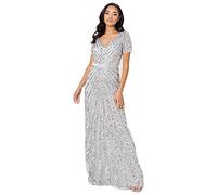 Maya Deluxe Maxi Womens Ladies Embellished Sequin Dress Long Short Sleeve V Neck High Empire Waist A Cut Shiny Prom Wedding Vestito per Damigella d’Onore, Grigio, 52 Donna