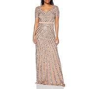 Maya Deluxe Maxi Womens Ladies Embellished Sequin Dress Long Short Sleeve V Neck High Empire Waist A Cut Shiny Prom Wedding Vestito per Damigella d’Onore, Tortora Blush, 48 Donna