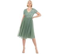 Maya Deluxe Embellished Midi Evening Dress for Women Ladies V Neckline with Short Sleeve for Prom Wedding, Vestito per Damigella d’Onore Donna, Deep Mint,