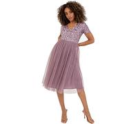 Maya Deluxe Embellished Midi Evening Dress for Women Ladies V Neckline with Short Sleeve for Prom Wedding, Vestito per Damigella d’Onore Donna, Moody Lilac, 14