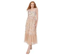 Maya Deluxe Midaxi Dress Ladies Ruffle Short Sleeve Square Neck Sequin Embellished Shirred Back Frills A-Line Wedding Guest NAN, Beige, 46 Donna