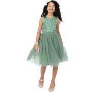 Maya Deluxe Midi Dress for Girls Sequins Embellished Party Tutu Bridesmaids Wedding with Belt Bow Vestito, Deep Mint, 7-8 Anni Bambina