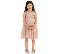 Maya Deluxe Midi Dress for Girls Sequins Embellished Party Tutu Bridesmaids Wedding with Belt Bow Vestito, Tortora Blush, 5-6 Anni Bambina