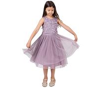 Maya Deluxe Midi Dress for Girls Sequins Embellished Party Tutu Bridesmaids Wedding with Belt Bow Vestito, Lilla Moody, 5-6 Anni Bambina