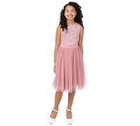 Maya Deluxe Midi Dress for Girls Sequins Embellished Party Tutu Bridesmaids Wedding with Belt Bow Vestito, Vintage Rose, 11-12 Anni Bambina
