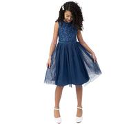 Maya Deluxe Midi Dress for Girls Sequins Embellished Party Tutu Bridesmaids Wedding with Belt Bow, Vestito Bambina, French Navy,