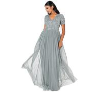 Maya Deluxe Womens Ladies Dress for Wedding Guest Plus Size Empire High Waist Sequins Short Sleeve Evening Bridesmaid Vestito per Damigella d’Onore, Verde Nebbia, 38 Donna