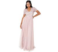 Maya Deluxe Womens Ladies Dress for Wedding Guest Plus Size Empire High Waist Sequins Short Sleeve Evening Bridesmaid Vestito per Damigella d’Onore, Rosa Satinato, 48 Donna