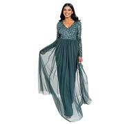 Maya Deluxe Womens Ladies Dress Sleeve for Wedding Guest V Neck High Empire Waist Maxi Long Length Evening Bridesmaid Prom Vestito, Emerald Green, 14 Donna