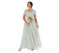 Maya Deluxe Women's Ladies Maxi Dress Sequin Embellished Floral V-Neck Short Sleeve Tulle Skirt A-Line for Wedding Guest Ball Gown Vestito, Green Lily, 42 Donna