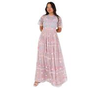 Maya Deluxe Women's Ladies Maxi Dress Short Sleeve Round Neck Floral Embroidered Tulle Lace A-Line for Bridesmaid Wedding Guest Prom Vestito, Frosted Pink, 52 Donna